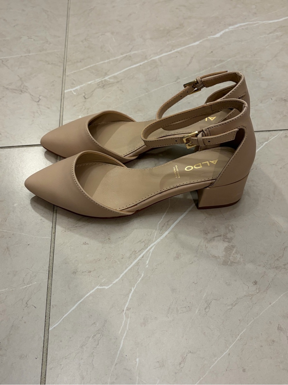 Brand New ALDO Beige Pointed-Toe Ankle-Strap Block Heels Size 5